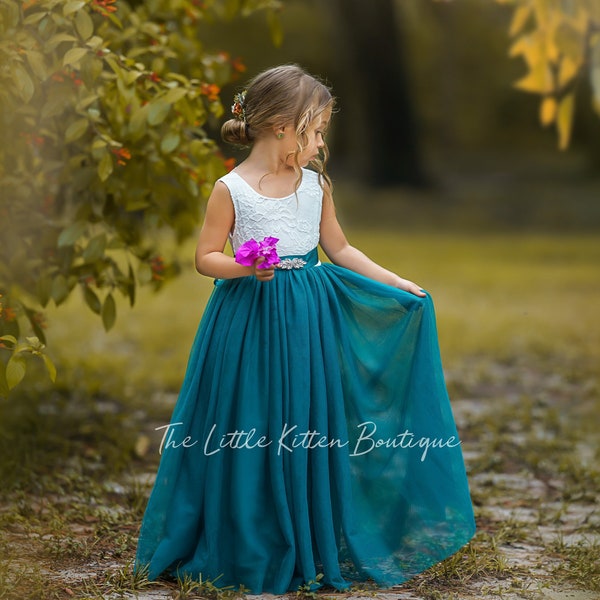 Flower Girl Dress- Sleeveless White Lace  with Teal Blue/Green Tulle - boho Wedding - Perfect for toddler flower girl or junior bridesmaid