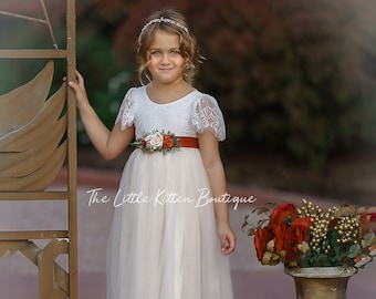 creme Tüll und Spitze Blumenmädchenkleid, rustikale Ivory Blumenmädchenkleider, Boho Blumenmädchenkleid, Boho Blumenmädchenkleid, Hochzeitskleid