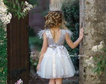 Vestido de Navidad plateado y blanco para niñas, vestido de fiesta de lentejuelas brillantes para niñas, vestido de niña de flores de lentejuelas plateadas, vestido de niña de flores gris