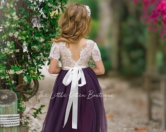 Eggplant Purple tulle flower girl dress, Fall Flower Girl Dress, rustic lace flower girl dress, boho flower girl dress, flower girl dress