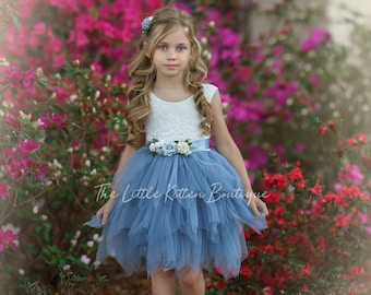 Tulle flower girl dress, lace flower girl dress, dusty blue flower girl dress, Boho flower girl dress, Wedding dress, bohemian flower girl