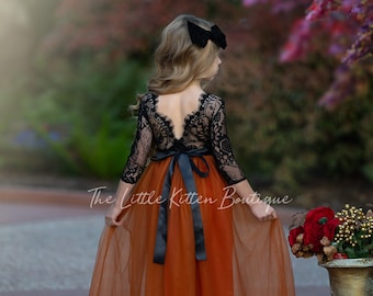 Tulle Flower Girl Dress, Burnt Orange Black Lace Flower Girl Dress
