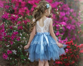 Dusty Blue Flower Girl Dress Lace Tulle Beach Wedding Dress