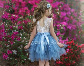 Dusty Blue tulle Flower Girl Dress, Blue Flower Girl Dress, Beach wedding dress, tulle dress, bohemian flower girl dress, boho girl dress