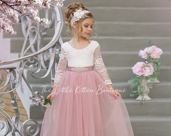 Tüll Blumenmädchen Kleid, rustikale Spitze Blumenmädchen Kleid, Mädchenkleider, Boho Blumenmädchen Kleid, Langarm Blumenmädchen Kleid, Hochzeitskleid