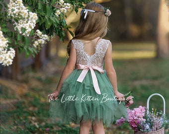 Sage Green Tulle Flower Girl Dress, Ivory Flower Girl Dress, White Lace Flower Girl Dresses, pink blush flower girl Dress, girls boho