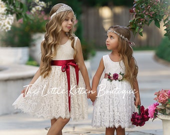 White Lace flower girl dress, Ivory lace flower girl dress, boho flower girl dress, wedding dress, knee length flower girl dress, Baptism