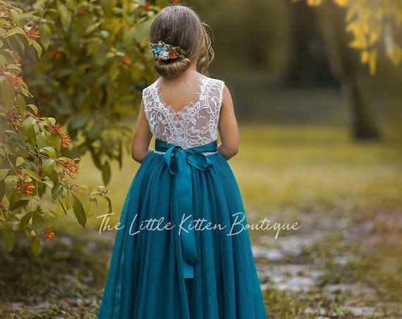 Teal Blue tulle flower girl dress, Fall Flower Girl Dress, rustic lace flower girl dress, boho flower girl dress, flower girl dress, Dress