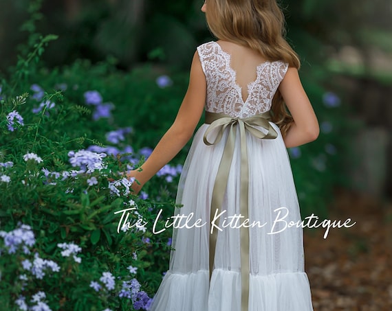 tulle flower girl dress, rustic lace flower girl dress, sleeveless white lace flower girl dresses, boho flower girl dress, wedding dress