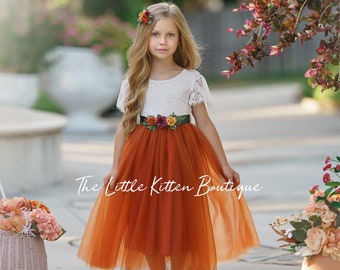 Flower Girl Dress- Boho Soft White Lace & Burnt Orange Tulle Ankle Length with Short Sleeves - Rustic Fall Wedding Dress for Little Girls