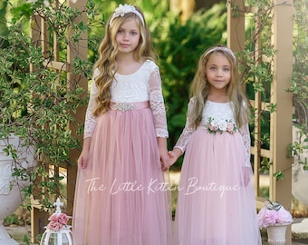 Rosa und lila Langarm-Blumenmädchenkleid – perfektes Mädchen-Prinzessinnenkleid für Hochzeiten, Feiertage und ein wunderschönes Mädchen-Geburtstagskleid