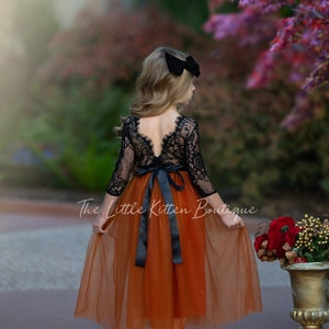 tulle flower girl dress, burnt orange black lace flower girl dress, long sleeve flower girl dress, fall flower girl dress, halloween wedding