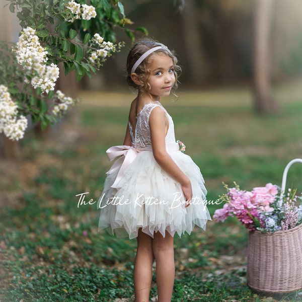 Blush pink tulle flower girl dress, White lace flower girl dress, Rustic flower girl dress, Ivory Boho flower girl dress, Toddler dress tutu