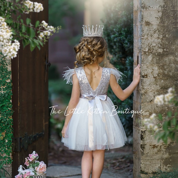 Girls Silver and White Christmas Dress, sparkly sequins holiday dress for girls, Silver sequins flower girl dress, gray flower girl dress