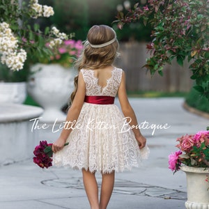 Sleeveless, Knee Length, Lace and Tulle Floral Burnt Orange Flower Girl Dress for Boho Fall Weddings. Perfect Princess Dress for Toddlers and Girls. Elegant and stylish for special occasions. Great for girls holiday dress or family photo shoots