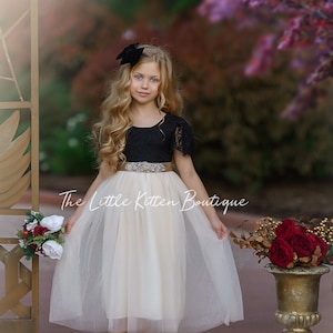 White flower girl dress with black sash discount
