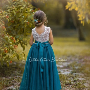 Teal Blue Green Sleeveless lace and tulle Flower Girl Dress. Ankle length and super soft. Perfect for a Spring, Summer or Fall Wedding. Soft White Lace with a stunning V shaped Backside, edged with eyelash lace trim.