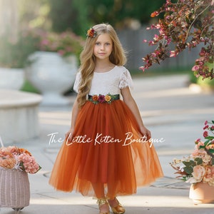 Flower Girl Dress- Boho Soft White Lace & Burnt Orange Tulle Ankle Length with Short Sleeves - Rustic Fall Wedding Dress for Little Girls