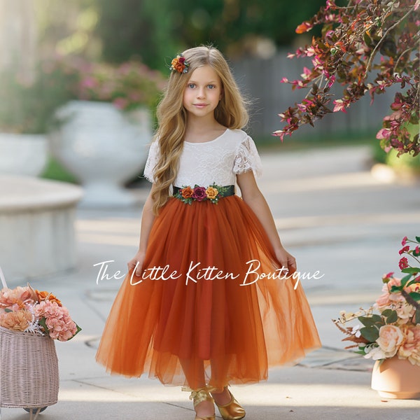 Robe de demoiselle d'honneur - Bohème dentelle blanche douce et tulle orange brûlé longueur cheville avec manches courtes - Robe de mariée d'automne rustique pour petite fille