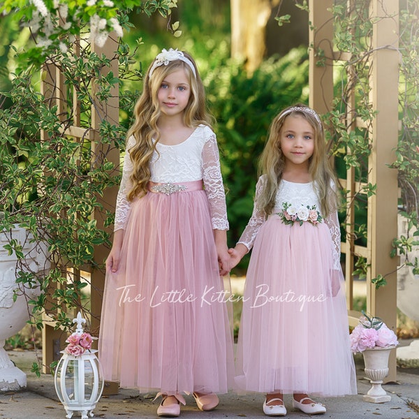 Rosa und lila Langarm-Blumenmädchenkleid – perfektes Mädchen-Prinzessinnenkleid für Hochzeiten, Feiertage und ein wunderschönes Mädchen-Geburtstagskleid