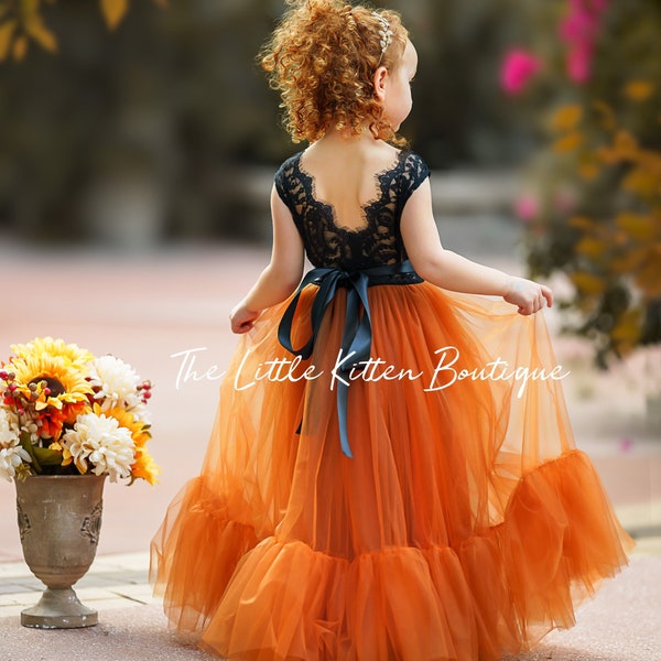 Black Flower Girl Dress, Burnt Orange Flower Girl Dress, Flower Girl Dress, Black Wedding Dress, Halloween Wedding, Fall Flower Girl Dress