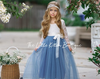 tulle flower girl dress, rustic lace flower girl dresses, long sleeve flower girl dresses, boho flower girl dress, dusty blue flower girl