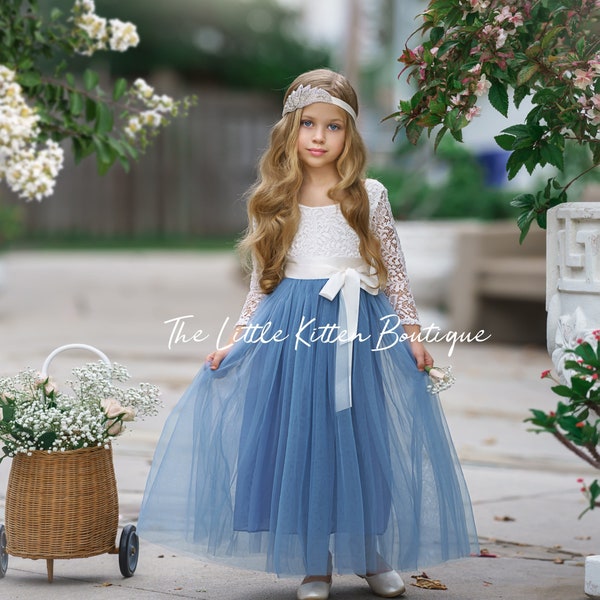 tulle flower girl dress, rustic lace flower girl dresses, long sleeve flower girl dresses, boho flower girl dress, dusty blue flower girl