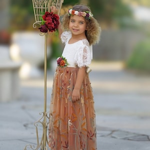 Burnt Orange tulle flower girl dress, Floral Flower Girl Dress, rustic lace flower girl dress, boho wedding dress, girls dress, fall dress image 5