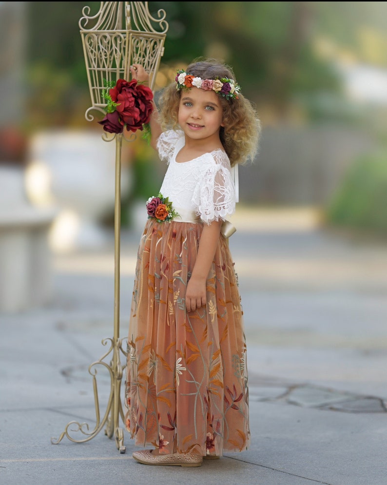 Burnt Orange tulle flower girl dress, Floral Flower Girl Dress, rustic lace flower girl dress, boho wedding dress, girls dress, fall dress image 5