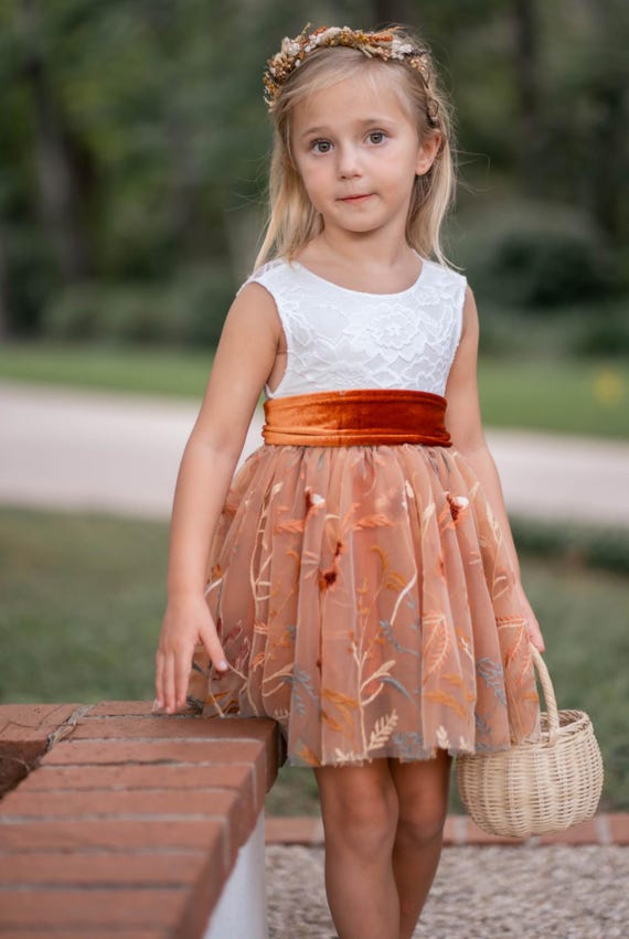 Burnt Orange Floral Embroidered Flower Girl Dress, Lace Bodice Tulle Dress, Fall Wedding, Rustic Junior Bridesmaid, Toddler