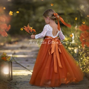 Long Sleeve burnt orange Lace and Tulle Boho Flower Girl Dress, Toddler Fall Wedding Dress, Floral Girls Dress image 3