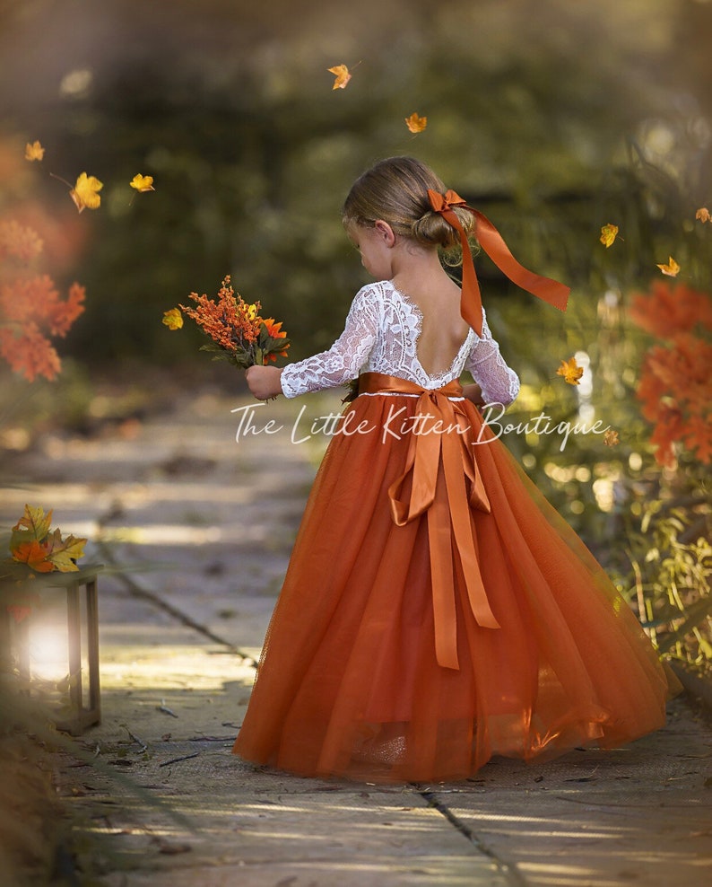 Long Sleeve burnt orange Lace and Tulle Boho Flower Girl Dress, Toddler Fall Wedding Dress, Floral Girls Dress image 3