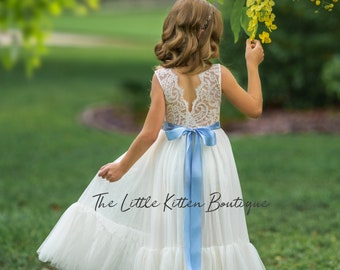 Sleeveless Ivory Lace Flower Girl Dress, Boho Style Tulle Dress, Wedding Flower Girl Dress, Toddler Girl Dress