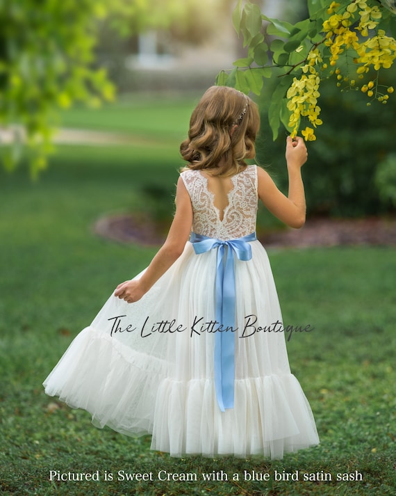 Sleeveless Ivory Lace Flower Girl Dress, Boho Style Tulle Dress, Wedding Flower Girl Dress, Toddler Girl Dress