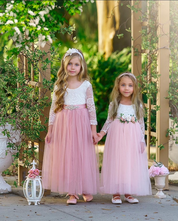 Pink and Mauve Long Sleeve Flower Girl Dress - Perfect Girls Princess Dress for Wedding, Holidays and makes a Beautiful Girls Birthday Dress