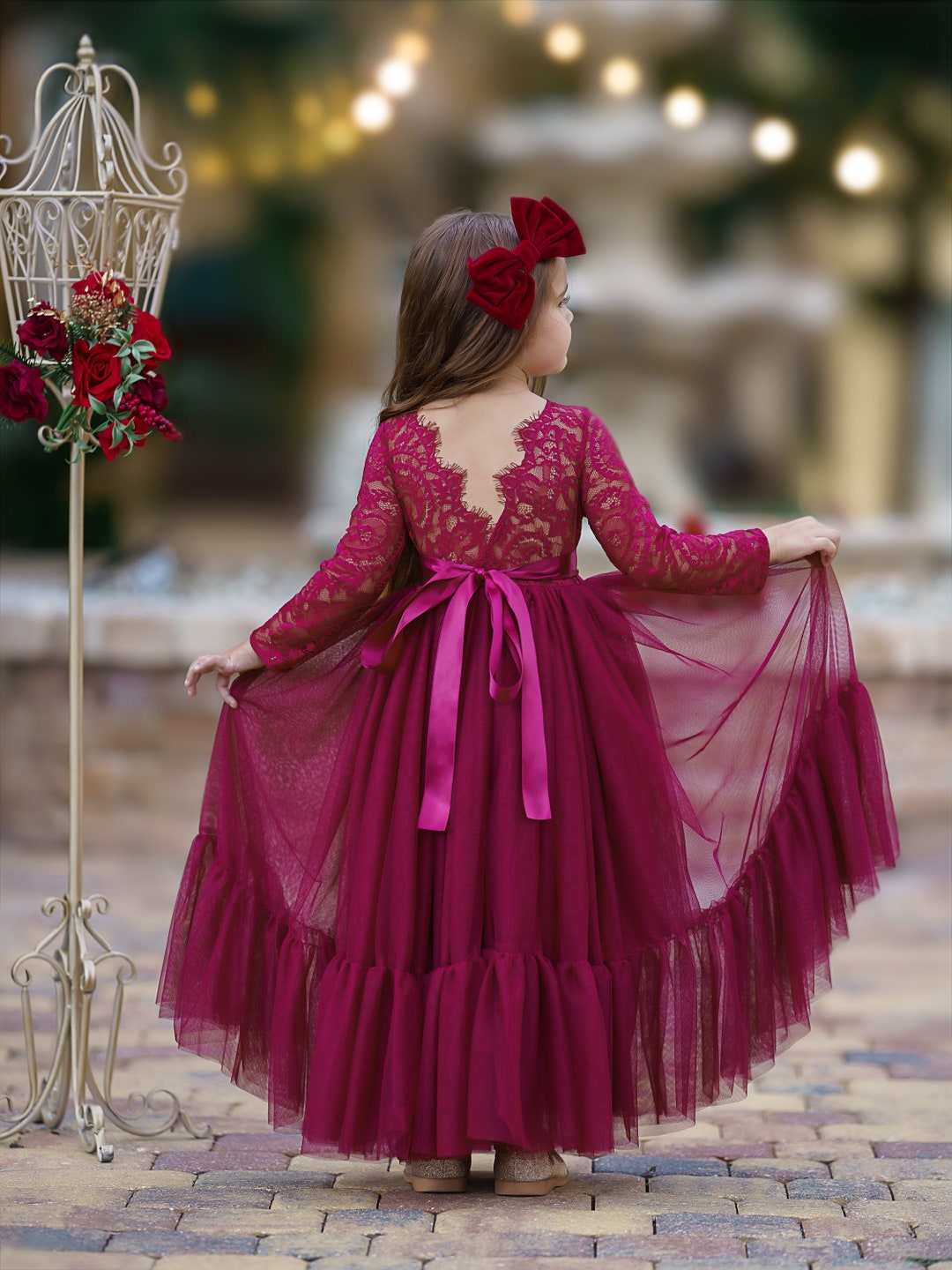 Girls burgundy lace dress hotsell
