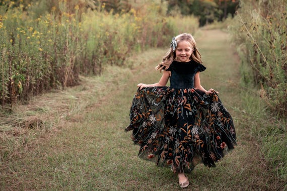 Black Velvet Boho Tulle Flower Girl Dress with Embroidered Floral Skirt