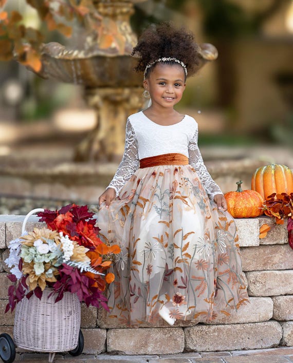 White Lace Flower Girl Dress with Champagne Embroidered Tulle, Long Sleeve Fall Wedding Dress