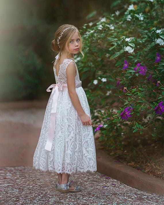 White or Ivory Lace Flower Girl Dress – Sleeveless Boho Dress with Eyelash Lace, Rustic Wedding Dress, Toddler to Junior Bridesmaid