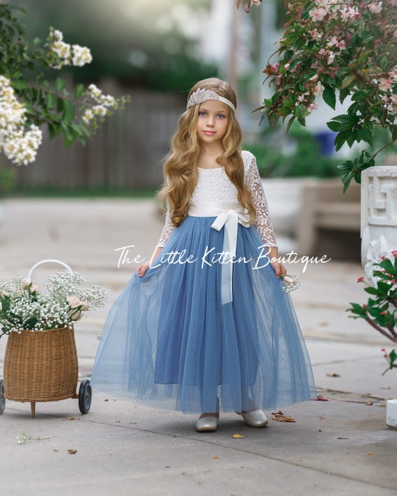 tulle flower girl dress, rustic lace flower girl dress, long sleeve flower girl dress, white flower girl dress, bohemian, boho wedding dress