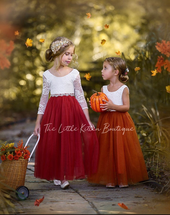 Charming Burnt Orange & Rust Flower Girl Dress - Lace Top, Red Tulle, Eyelash Trim | Boho Rustic Toddler Birthday Princess Party Dress