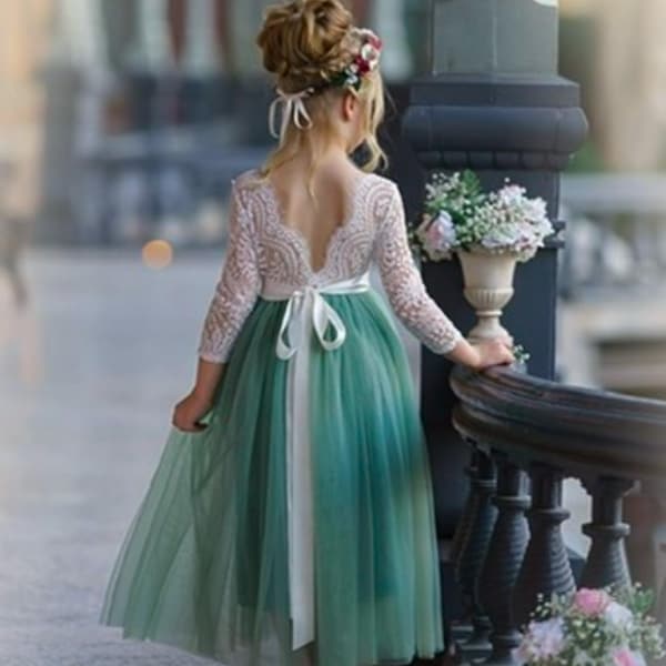 Sage Green Flower Girl Dress, Long Sleeve Lace, Rustic Wedding, Boho Style, Ivory Bodice