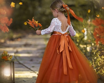 Burnt Orange tulle flower girl dress, Rust Flower Girl Dress, rustic lace flower girl dress, boho flower girl dress, flower girl dress, Rust