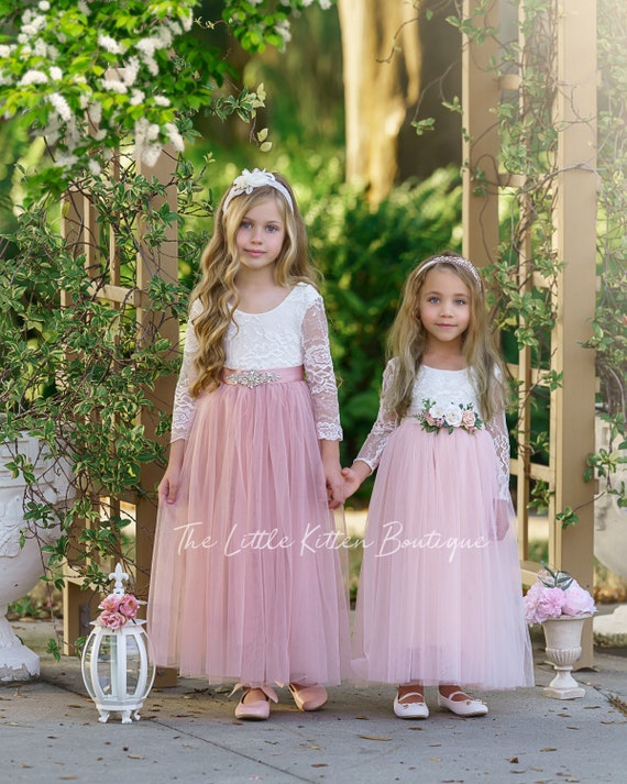 Pink and Mauve Long Sleeve Flower Girl Dress - Perfect Girls Princess Dress for Wedding, Holidays and makes a Beautiful Girls Birthday Dress