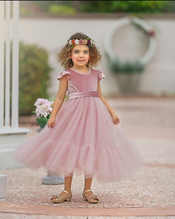 Dusty Pink velvet and tulle flower girl dress, Boho flower girl dress, toddler flower girl dress, Velvet girls dress, Boho Wedding dress