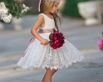 Bohemian Lace Flower Girl Dress, Rustic Wedding, Custom Sash