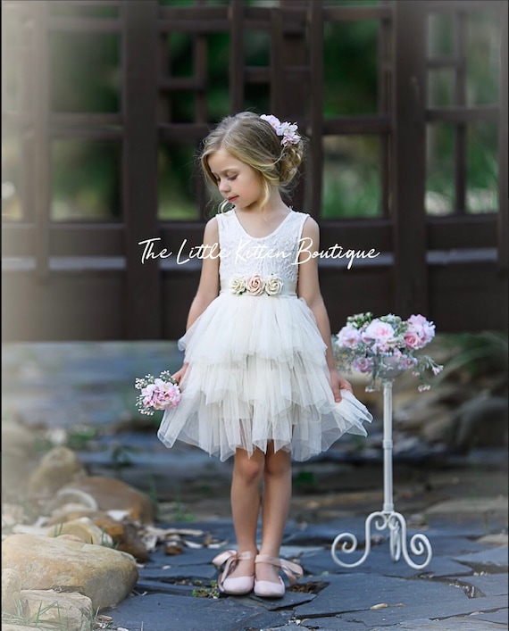 Blush pink tulle flower girl dress, White lace flower girl dress, Rustic flower girl dress, Ivory Boho flower girl dress, Toddler dress tutu