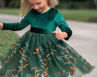 Jägergrün Blumenmädchen Kleid, Langarm Samt Urlaub Kleid, Mädchen Hochzeit Geburtstag Party Outfit, bestickte Tüll besondere Anlässe