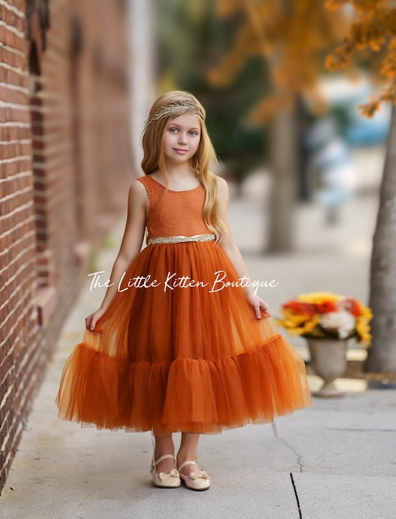 Burnt Orange Flower Girl Dress, Sleeveless Flower Girl Dress, lace flower girl dress, Rustic flower girl dress, Boho Flower Girl Dress