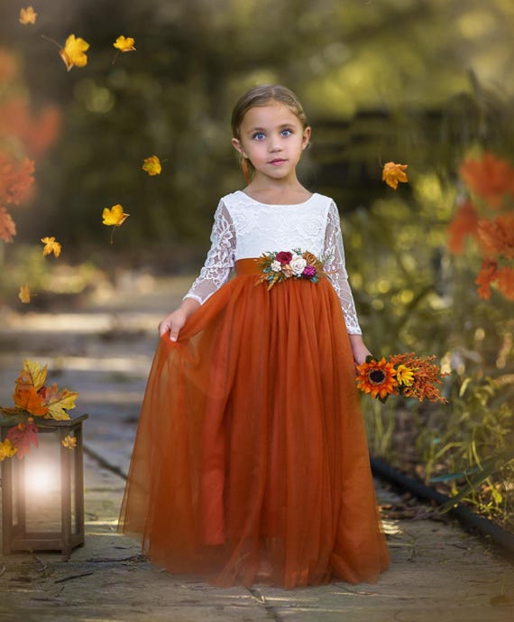 Burnt Orange Flower Girl Dress Long Sleeve Tulle Fall Wedding Toddler Boho